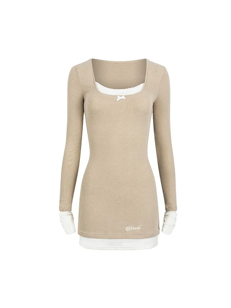 Bi-Color Fake-Layered Tight Sexy Square-Neck Dress