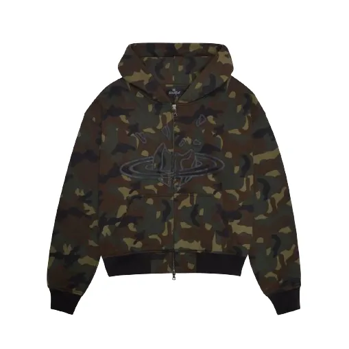 BROKEN PLANET MARKET PLANET ZIP-UP HOODIE CAMO GREEN