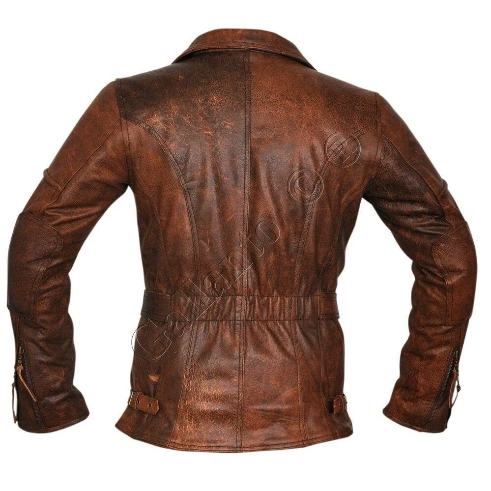 Demi Womens Ladies 3/4 Motorcycle Brown Distressed Vintage Leather Jacket