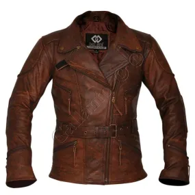 Demi Womens Ladies 3/4 Motorcycle Brown Distressed Vintage Leather Jacket
