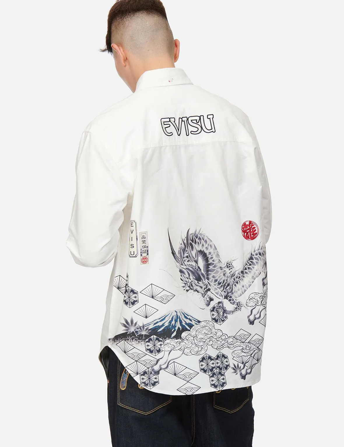 Dragon and Mt. Fuji Print Oxford Shirt