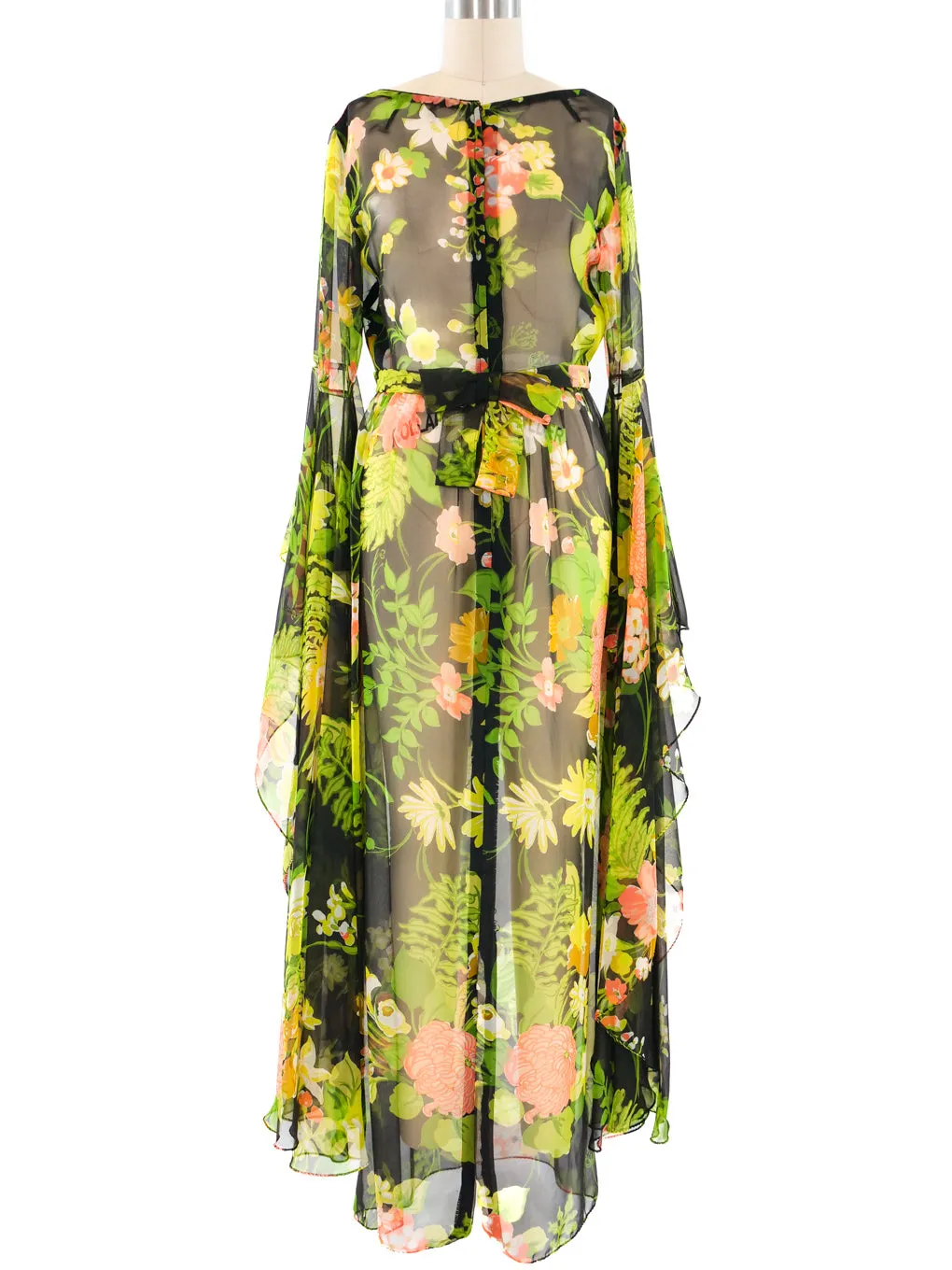 Floral Printed Angel Sleeve Chiffon Dress
