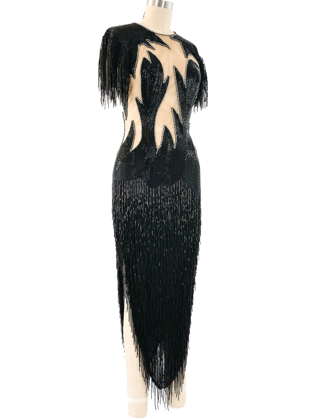 Fringed Bugle Bead Illusion Dress