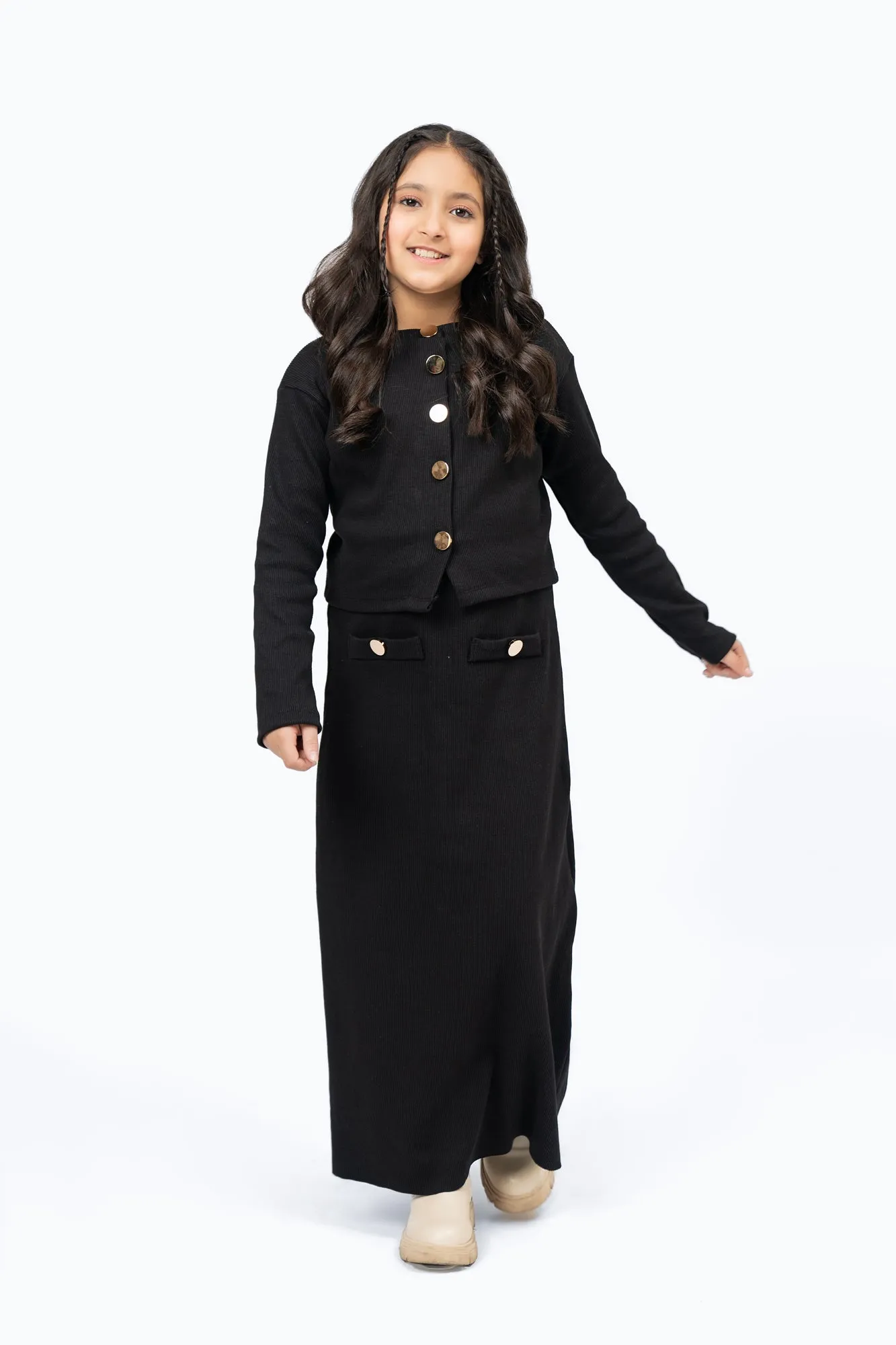 Girls Knit Skirt with Golden Button - Black