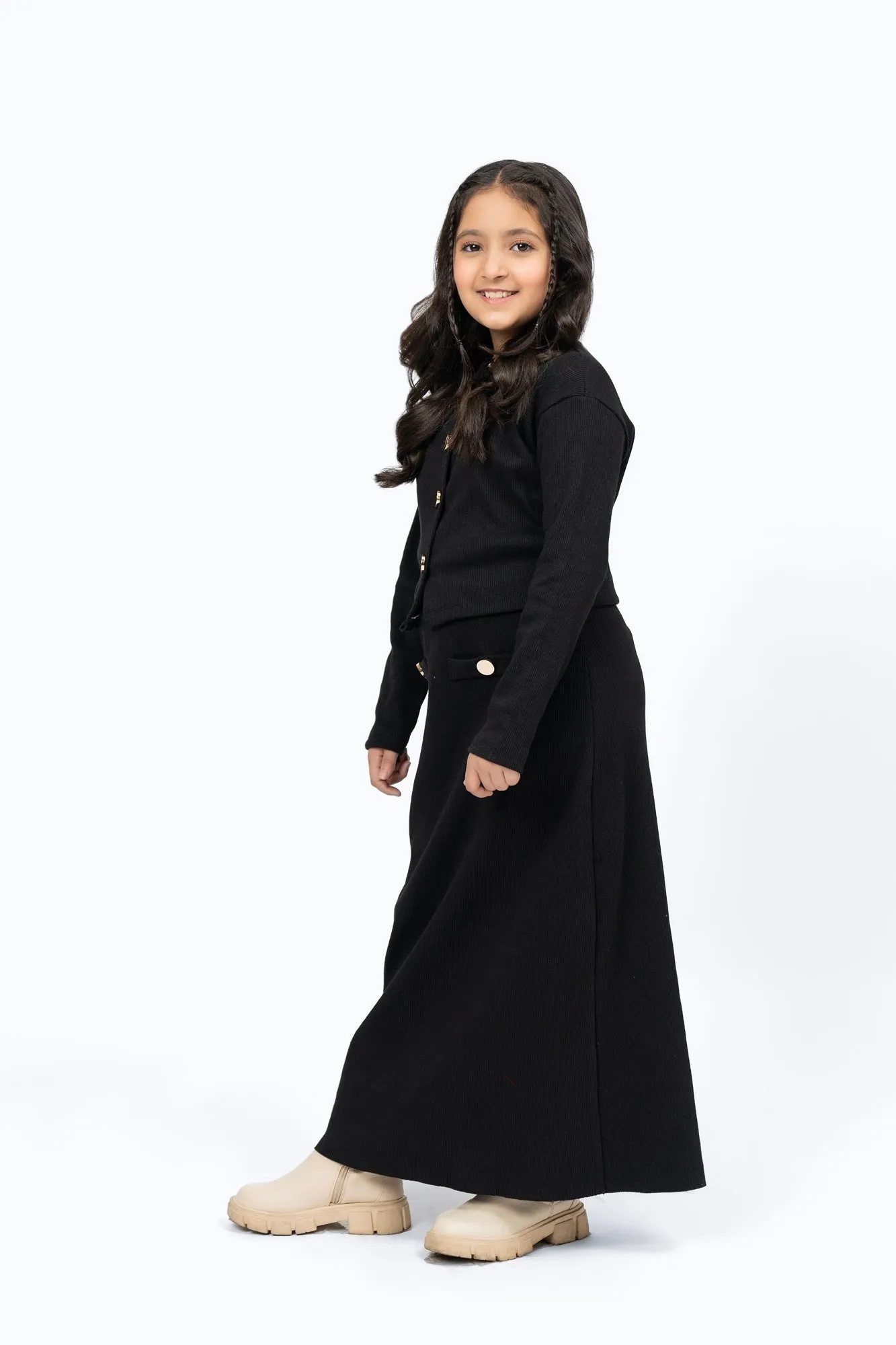 Girls Knit Skirt with Golden Button - Black