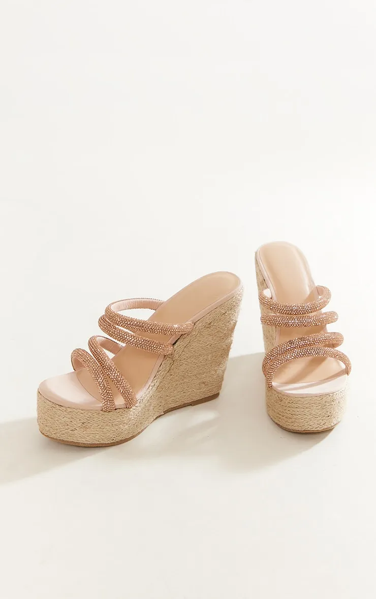 Gold Multi Diamante Strap Raffia Wedge Sandals