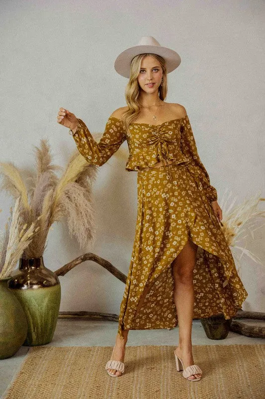 Macey High - Low Surplice Wrap Maxi Skirt - Golden Olive