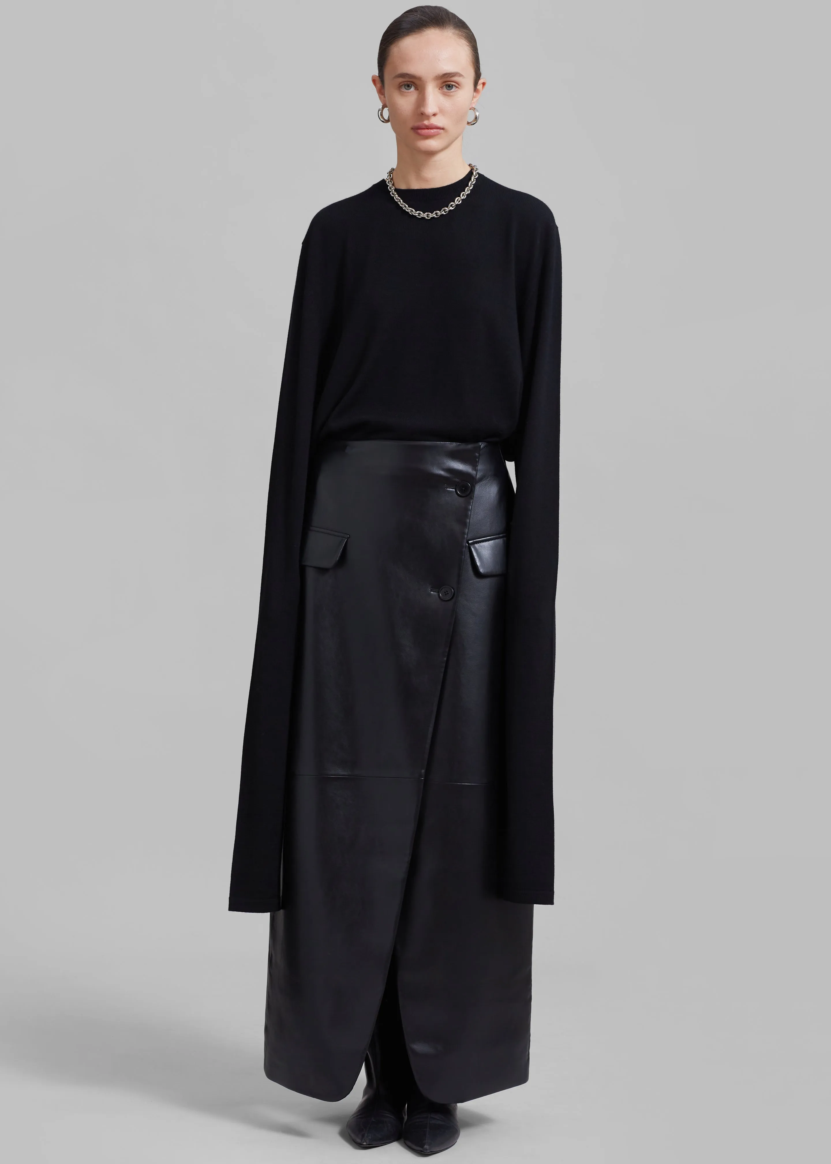 Nan Long Faux Leather Cross Skirt - Black