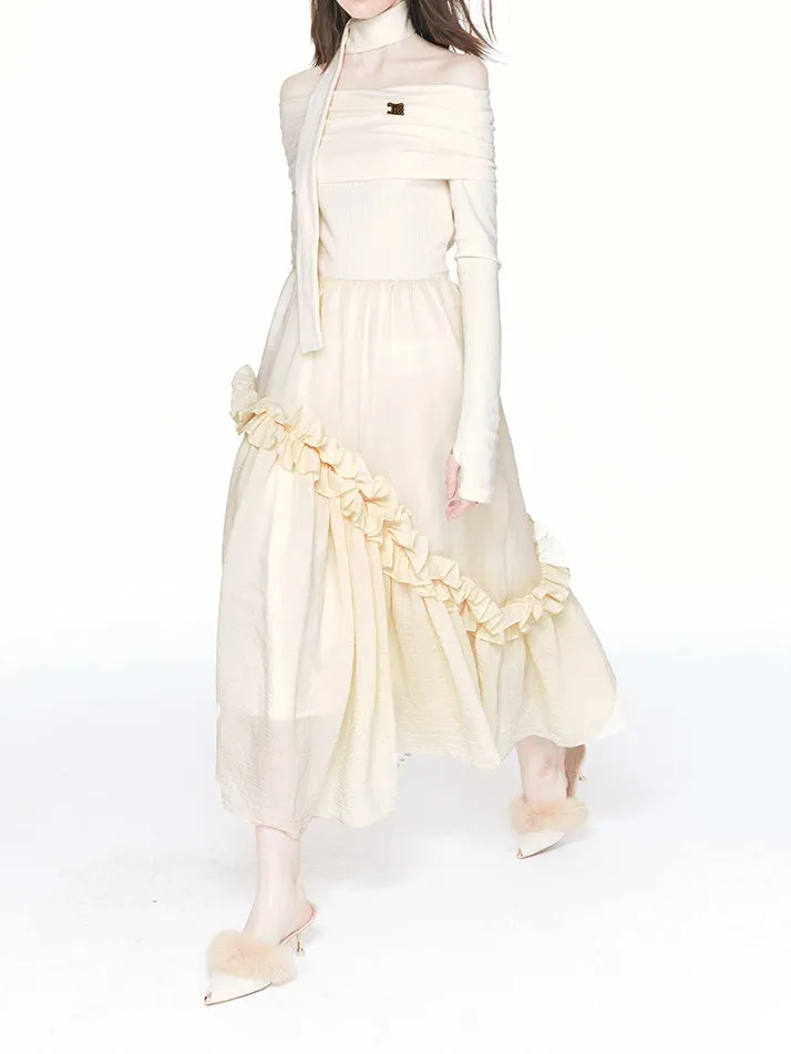 Off-Shoulder Stretch Frill Ruffle Cute One-Piece