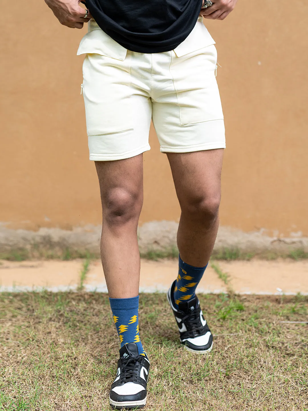 Pastel Yellow Two Pockets Solid Pattern Cotton Shorts