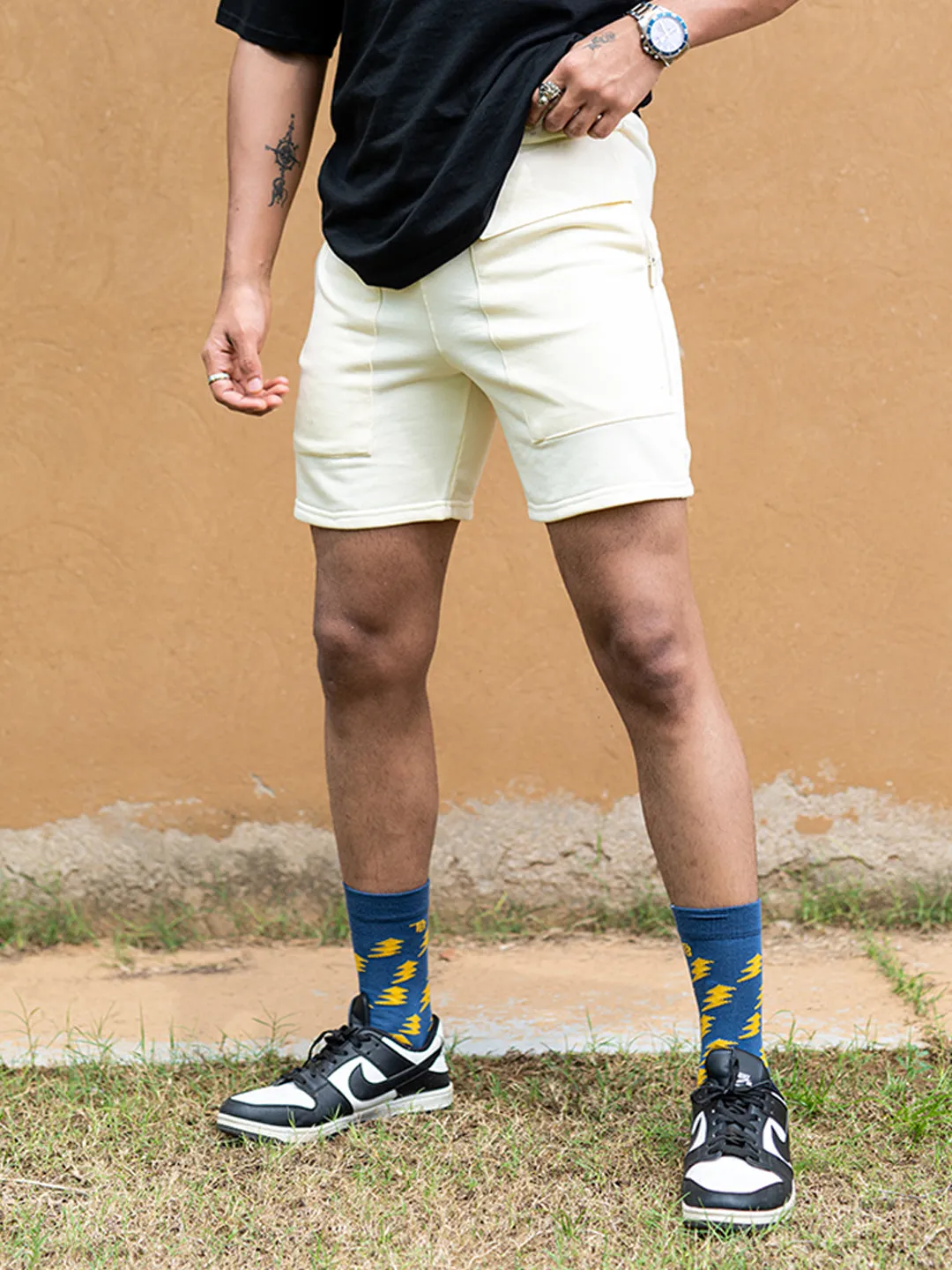 Pastel Yellow Two Pockets Solid Pattern Cotton Shorts