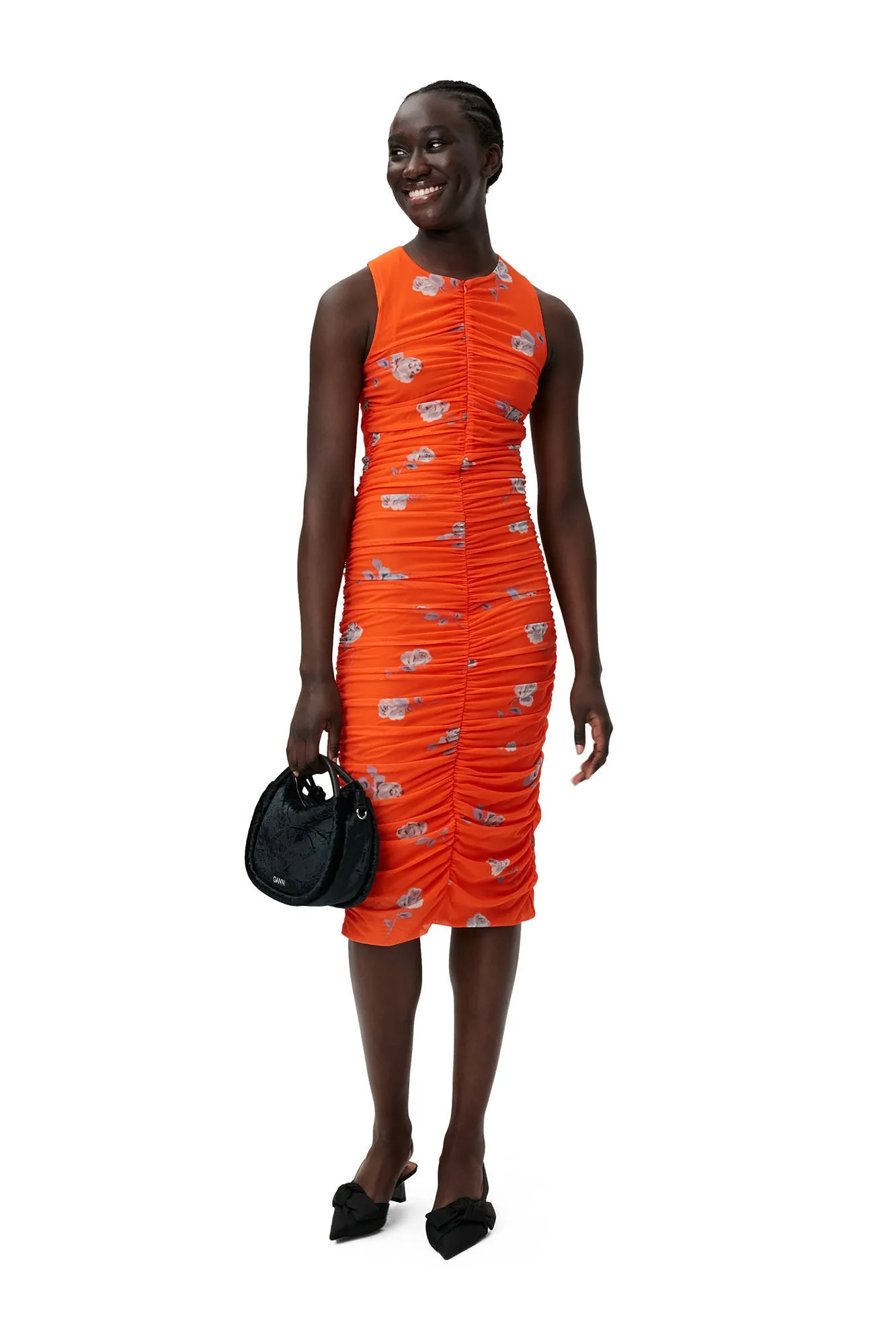 Printed Mesh Ruched Midi Dress