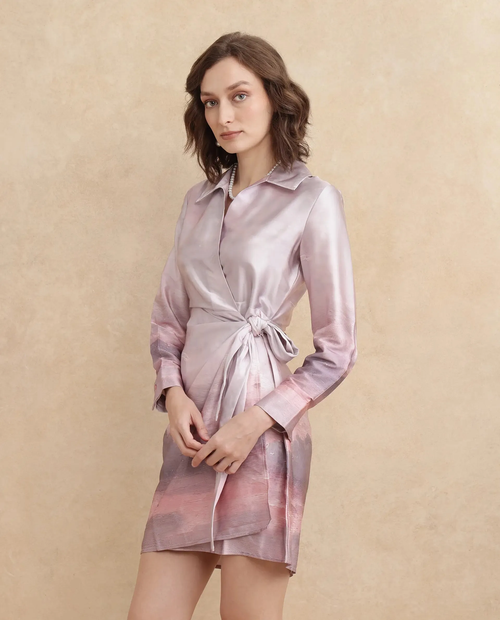 Rareism Women Qert Dusky Multi Cuffed Sleeve Johnny Collar Straight Fit Maxi Abstract Print Dress