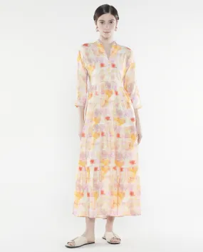 Rareism Women Qurobi Pastel Multi Viscose Blend Fabric Kimono Sleeve Built Up Neck Maxi Abstract Print Dress