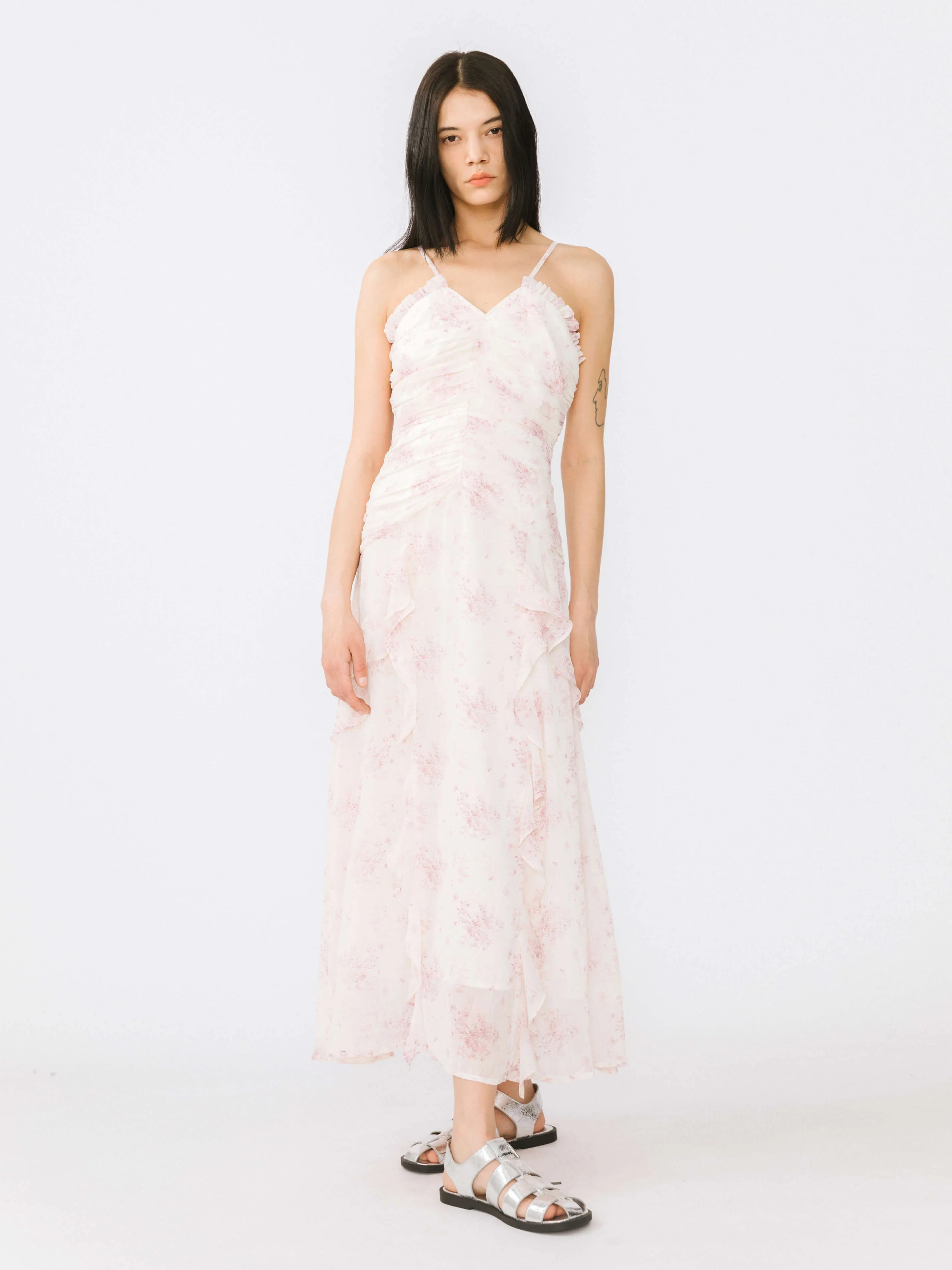 Ruffled V-neck Floral Sling Dress